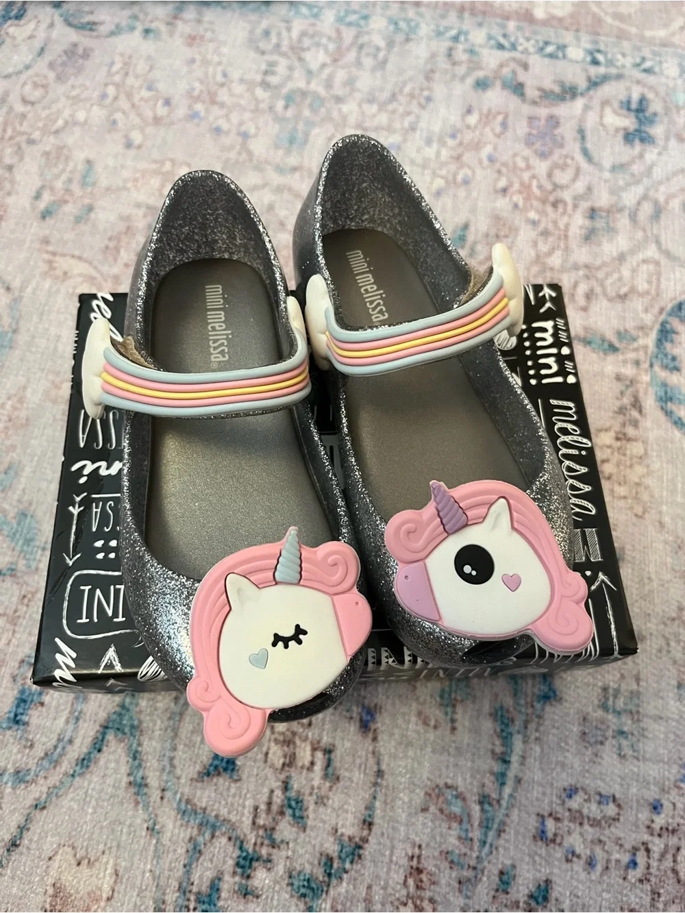 mini melissa Glitter Unicorn Mary Jane Shoes in Silver and Pink
